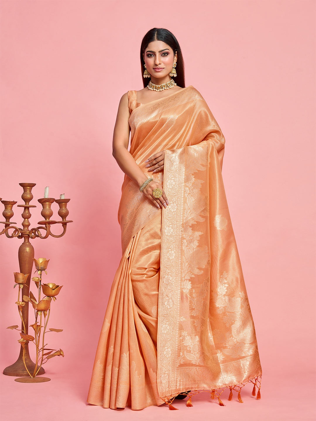 

MIMOSA Floral Woven Design Zari Art Silk Banarasi Saree, Orange