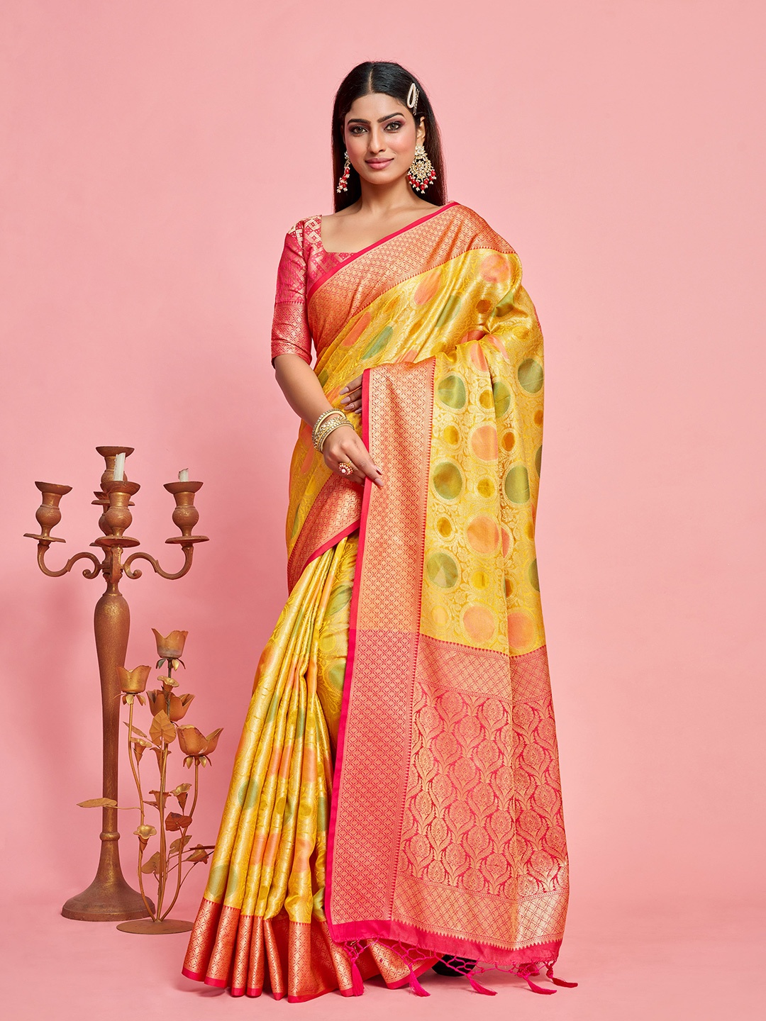 

MIMOSA Floral Woven Design Zari Art Silk Banarasi Saree, Gold
