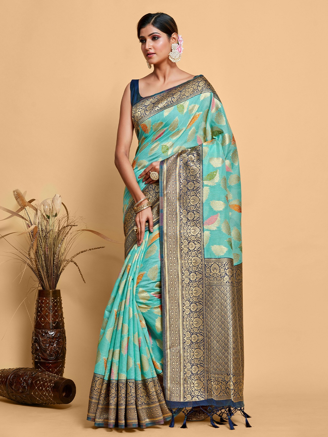 

MIMOSA Floral Woven Design Zari Kanjeevaram Saree, Turquoise blue