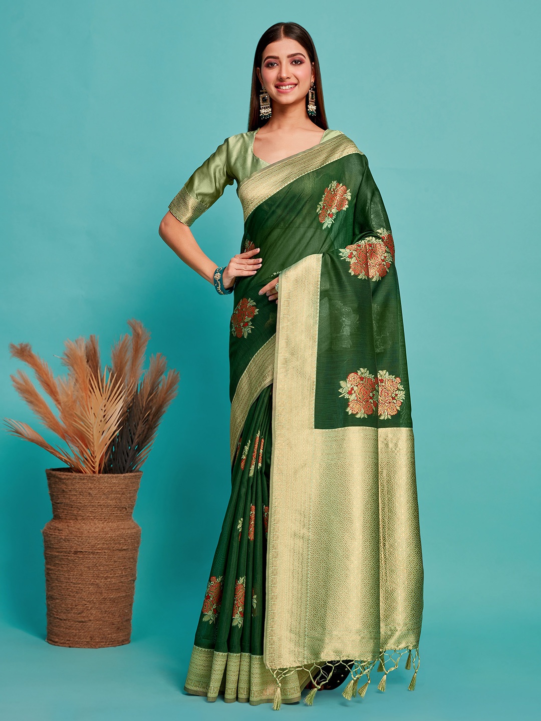

MIMOSA Floral Woven Design Zari Kanjeevaram Saree, Green