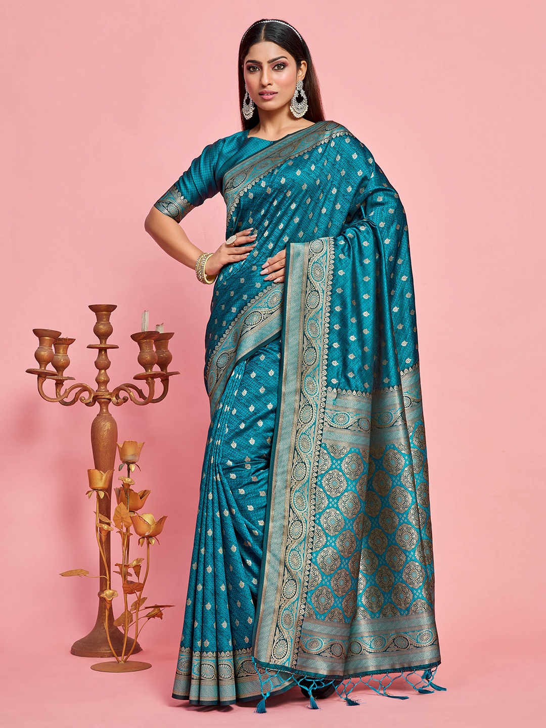 

MIMOSA Ethnic Motifs Woven Design Zari Art Silk Kanjeevaram Saree, Blue