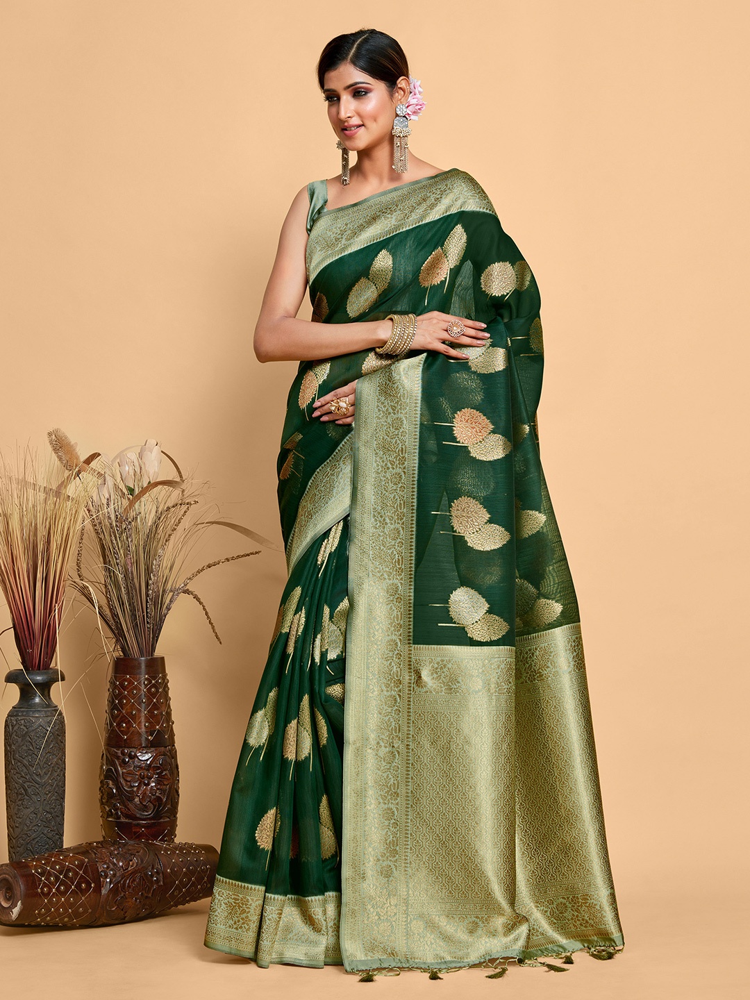 

MIMOSA Floral Woven Design Zari Kanjeevaram Saree, Green