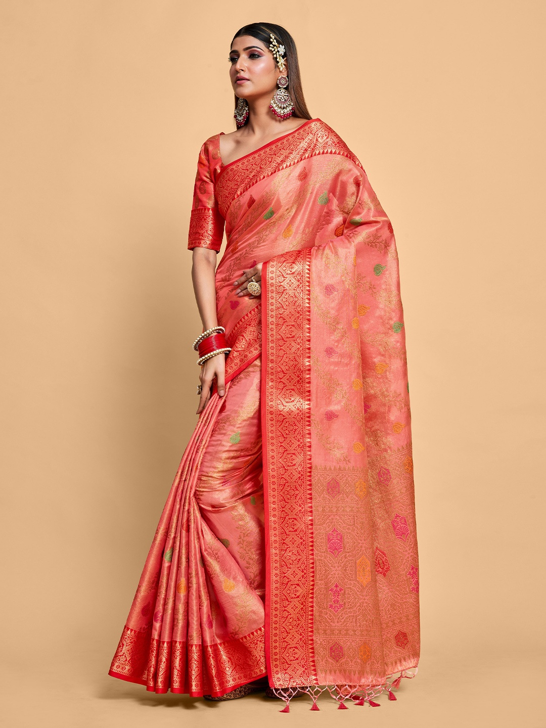 

MIMOSA Floral Woven Design Zari Art Silk Banarasi Saree, Pink