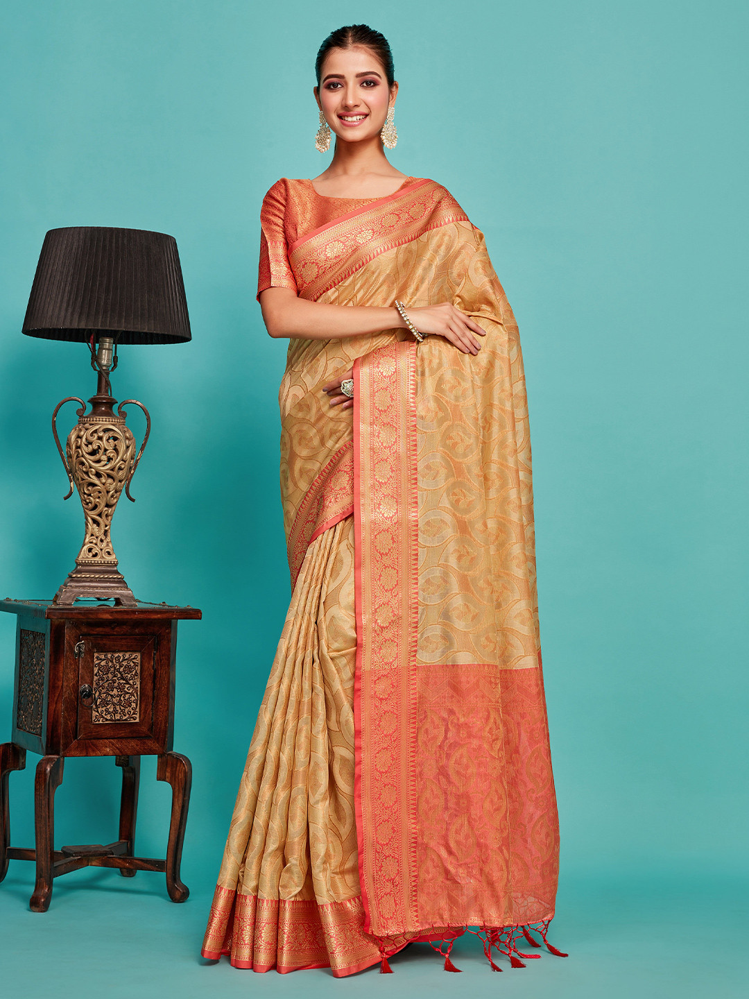 

MIMOSA Floral Woven Design Zari Art Silk Kanjeevaram Saree, Brown