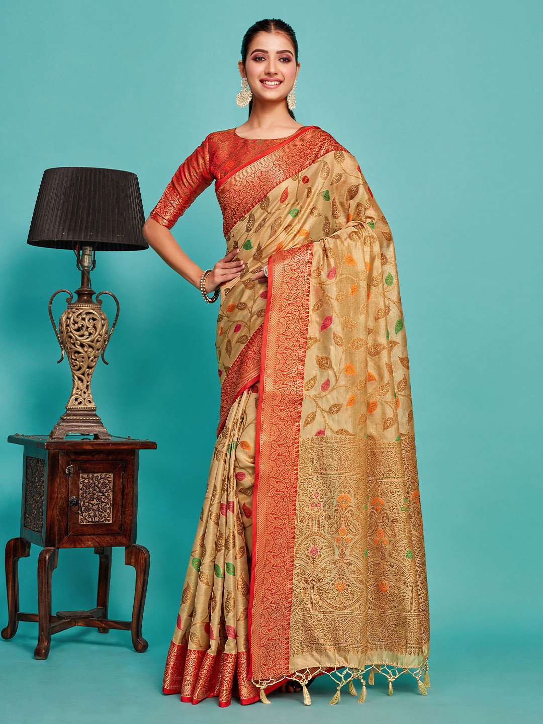 

MIMOSA Woven Design Zari Art Silk Banarasi Saree, Brown