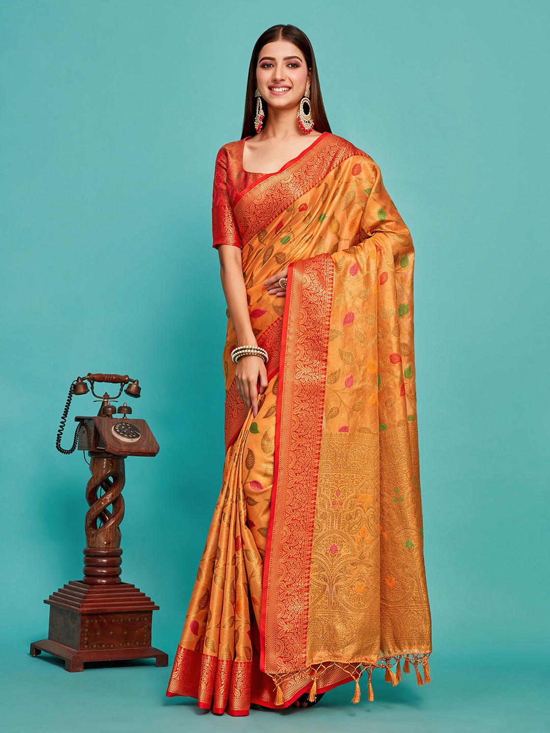 

MIMOSA Ethnic Motifs Woven Design Zari Banarasi Saree, Orange