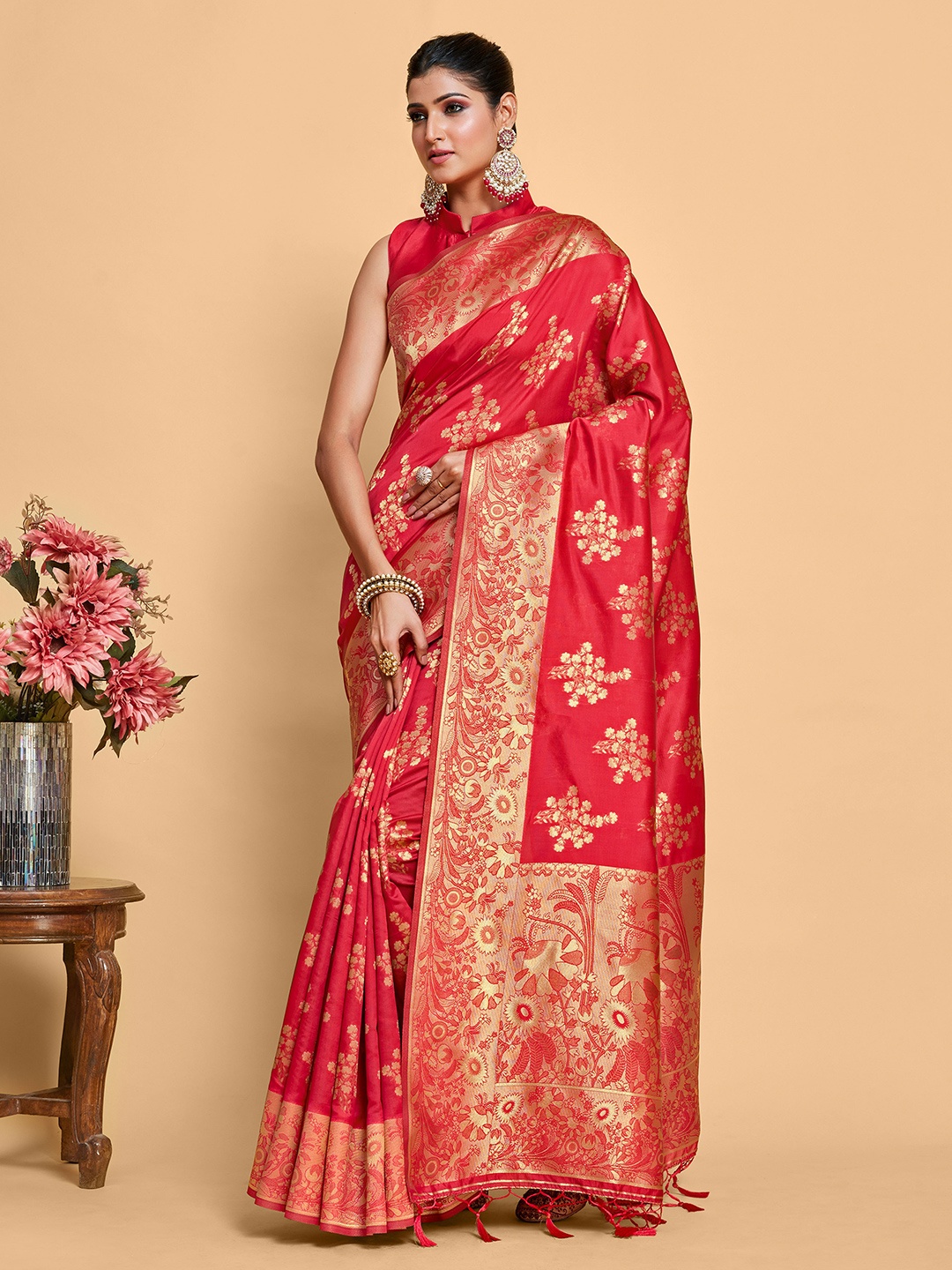 

MIMOSA Woven Design Zari Art Silk Kanjeevaram Saree, Pink