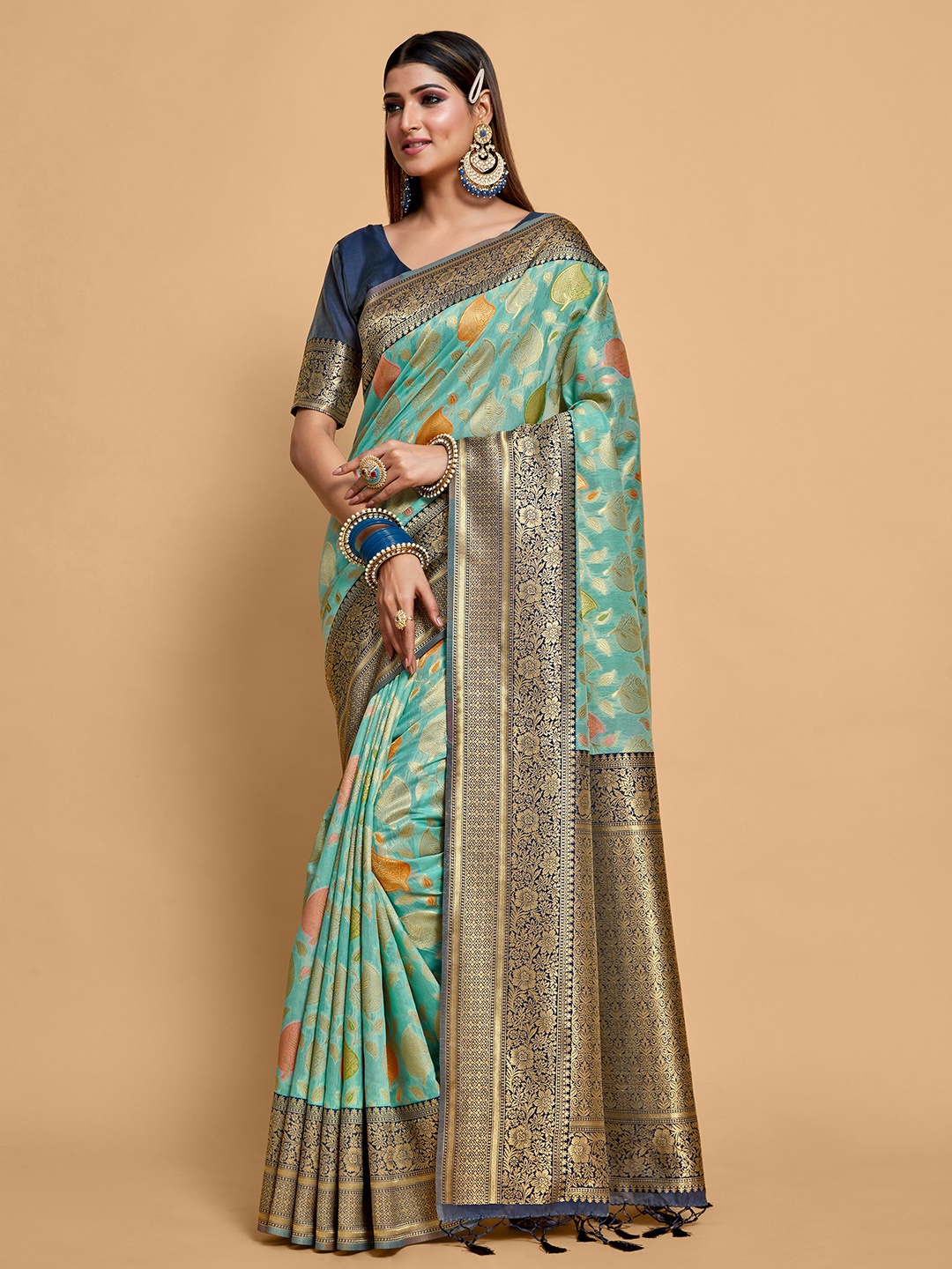 

MIMOSA Woven Design Zari Kanjeevaram Saree, Turquoise blue