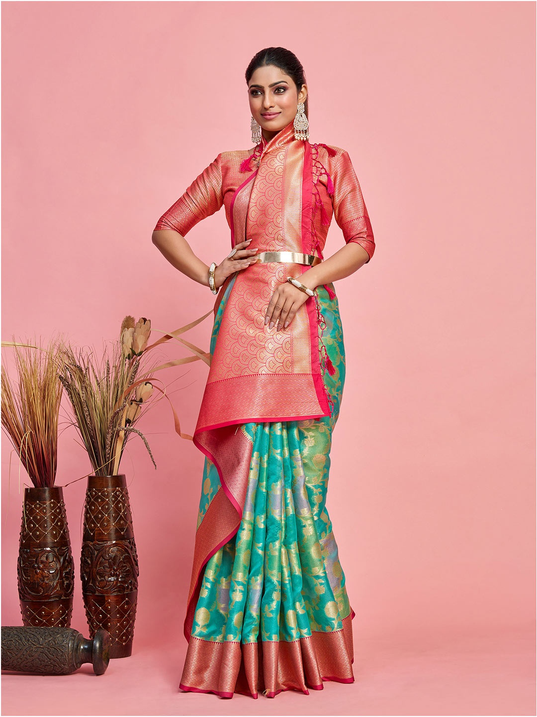 

MIMOSA Floral Woven Design Zari Banarasi Saree, Turquoise blue