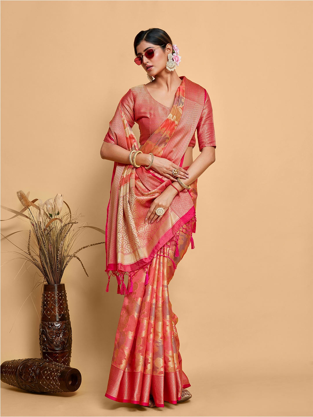 

MIMOSA Floral Woven Design Zari Banarasi Saree, Pink