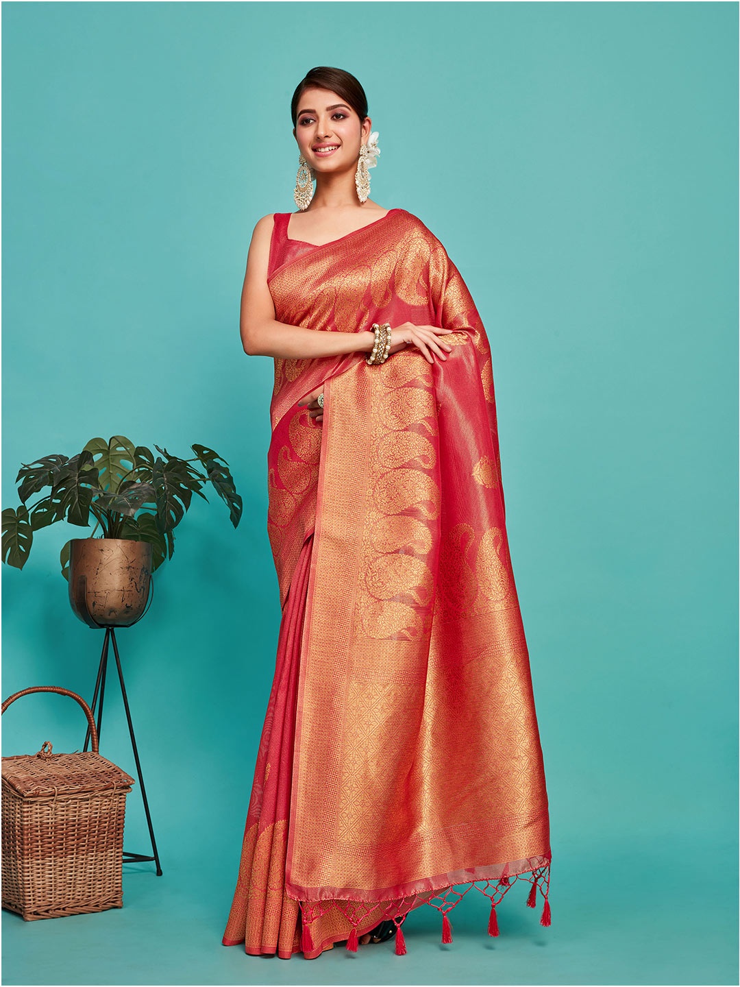 

MIMOSA Paisley Woven Design Zari Banarasi Saree, Pink