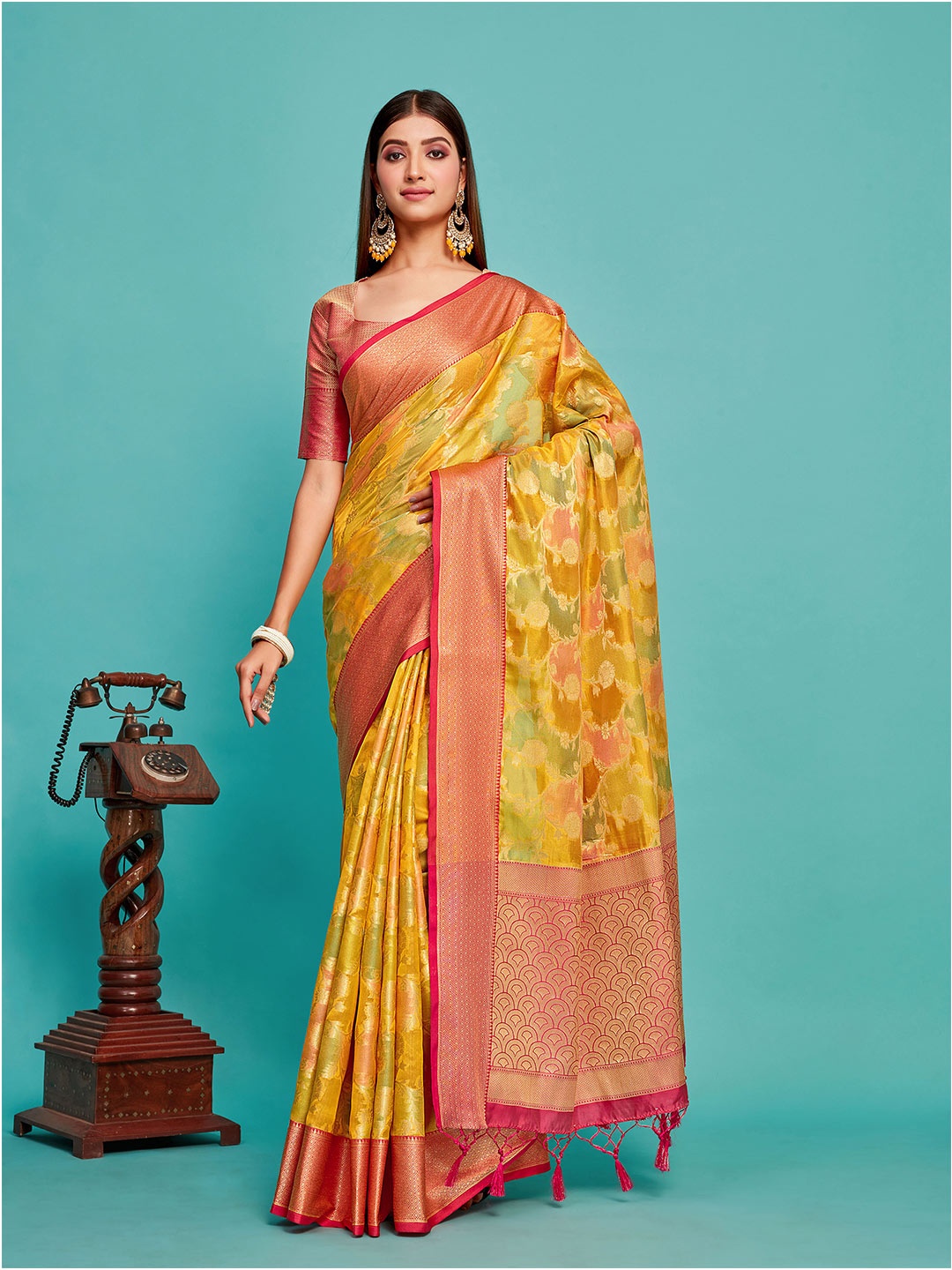 

MIMOSA Floral Woven Design Zari Banarasi Saree, Gold