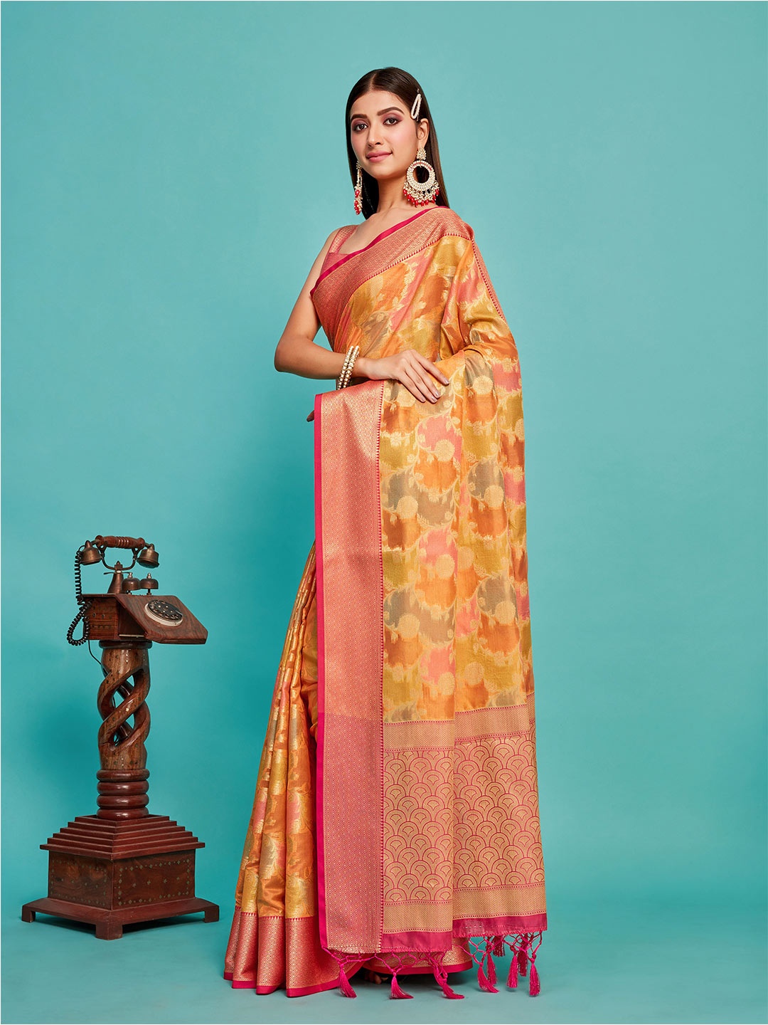 

MIMOSA Floral Woven Design Zari Banarasi Saree, Orange