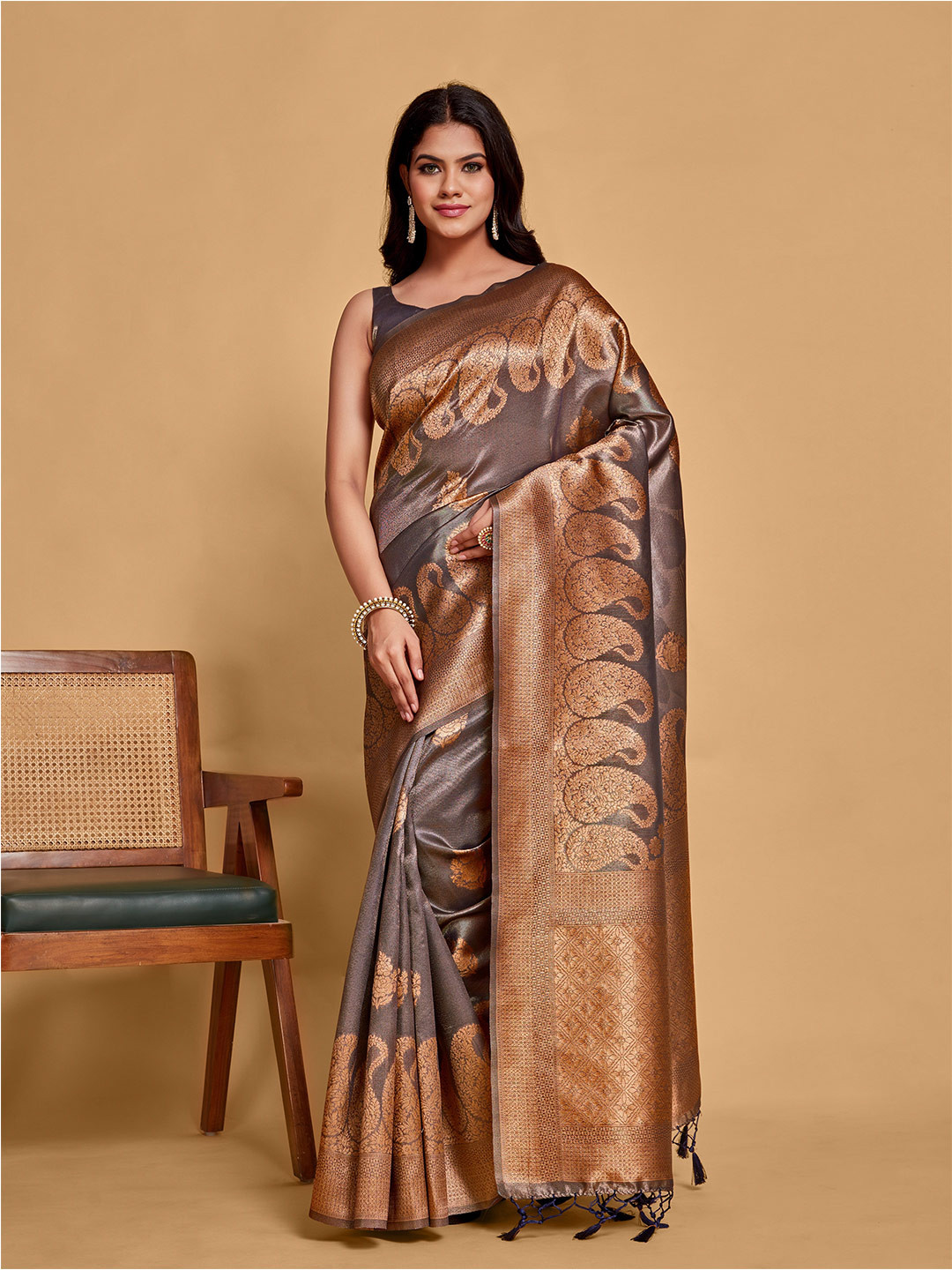 

MIMOSA Paisley Woven Design Zari Banarasi Saree, Brown