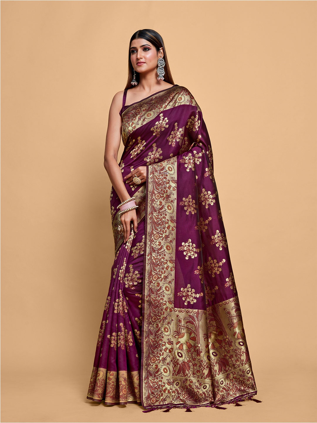

MIMOSA Floral Woven Design Zari Kanjeevaram Saree, Purple