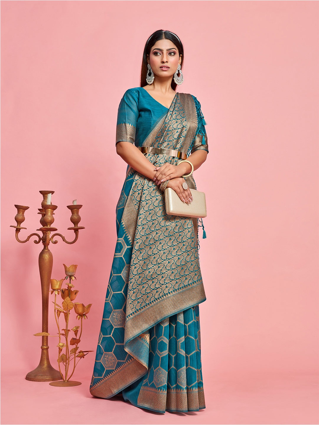 

MIMOSA Geometric Woven Design Zari Banarasi Saree, Green