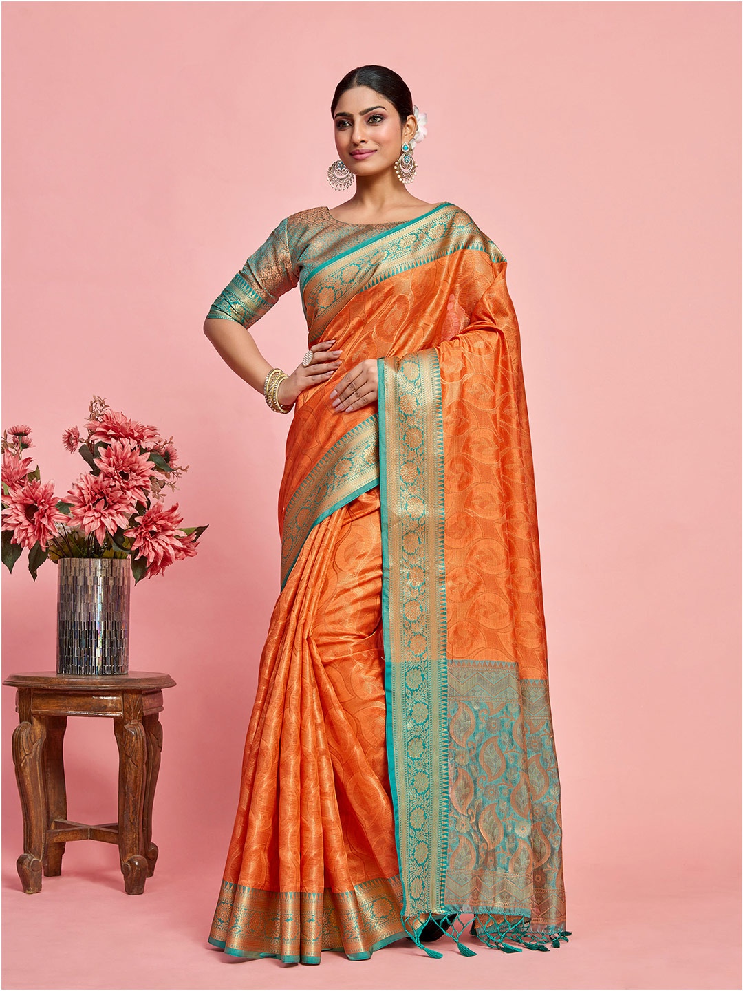 

MIMOSA Ethnic Motifs Woven Design Zari Kanjeevaram Saree, Orange