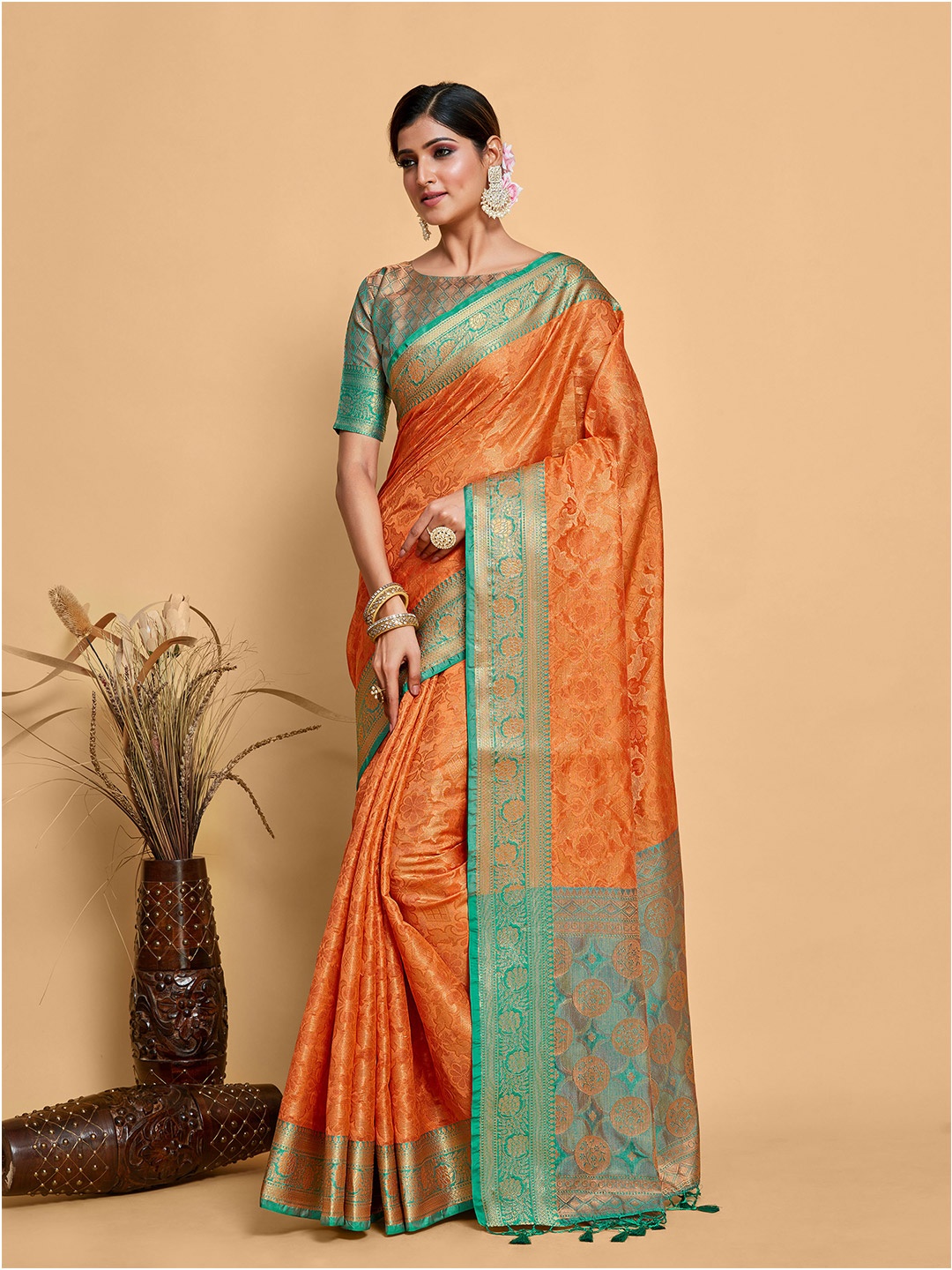 

MIMOSA Ethnic Woven Design Zari Kanjeevaram Saree, Orange
