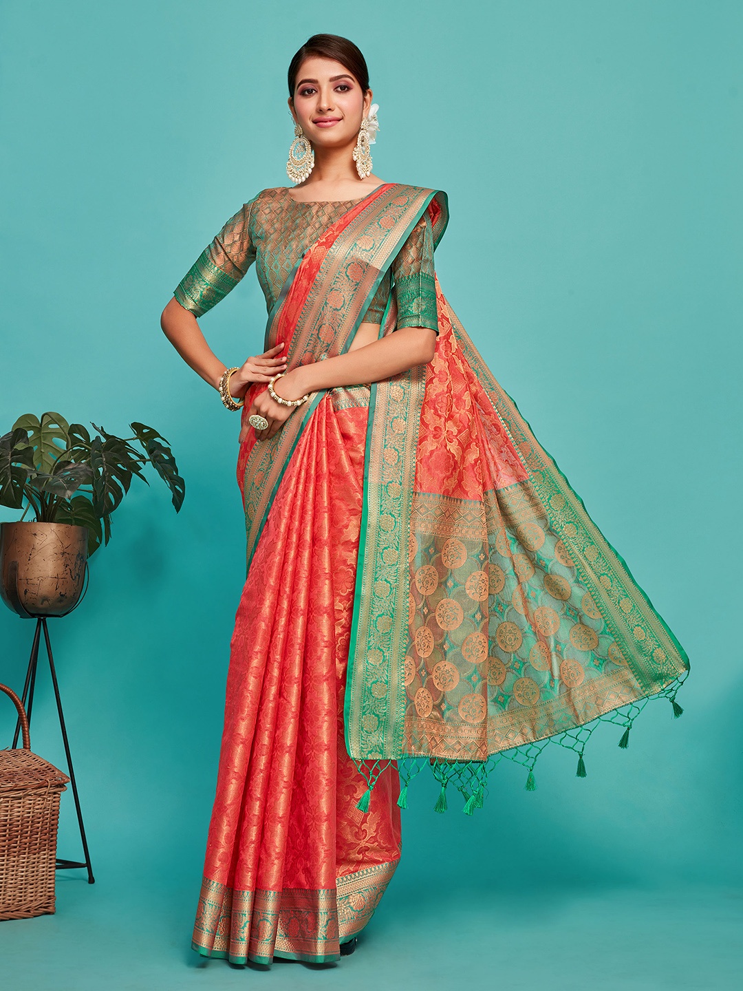 

MIMOSA Ethnic Woven Design Zari Kanjeevaram Saree, Pink