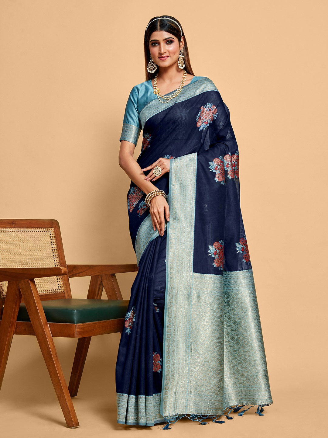 

MIMOSA Floral Woven Design Zari Kanjeevaram Saree, Blue