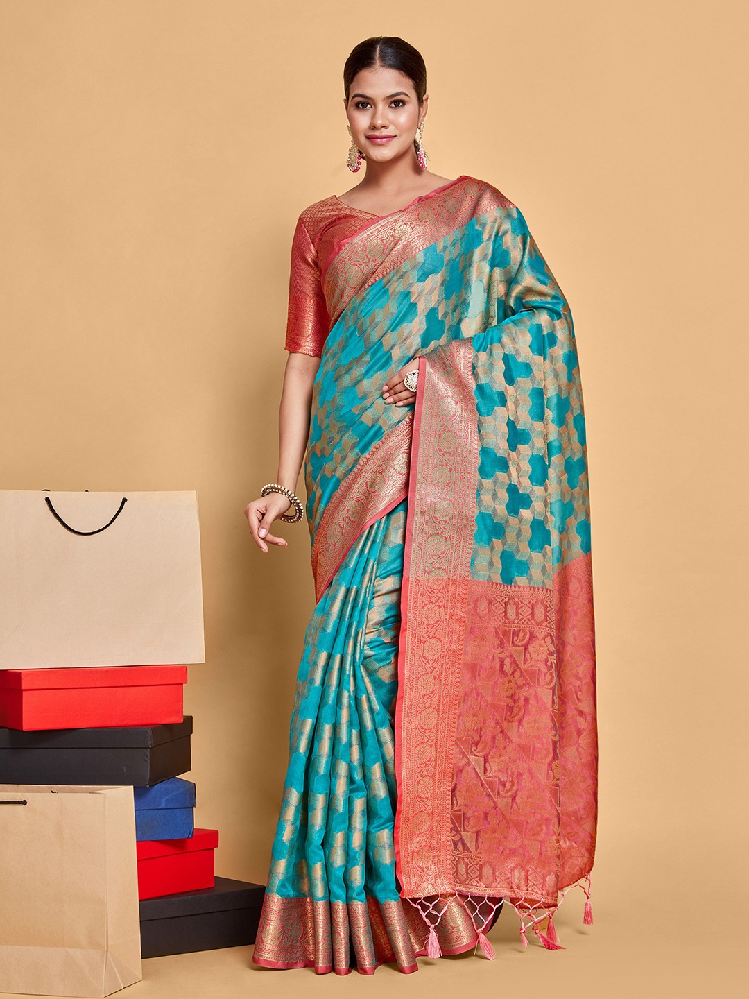 

MIMOSA Ethnic Motifs Woven Design Zari Art Silk Kanjeevaram Saree, Turquoise blue