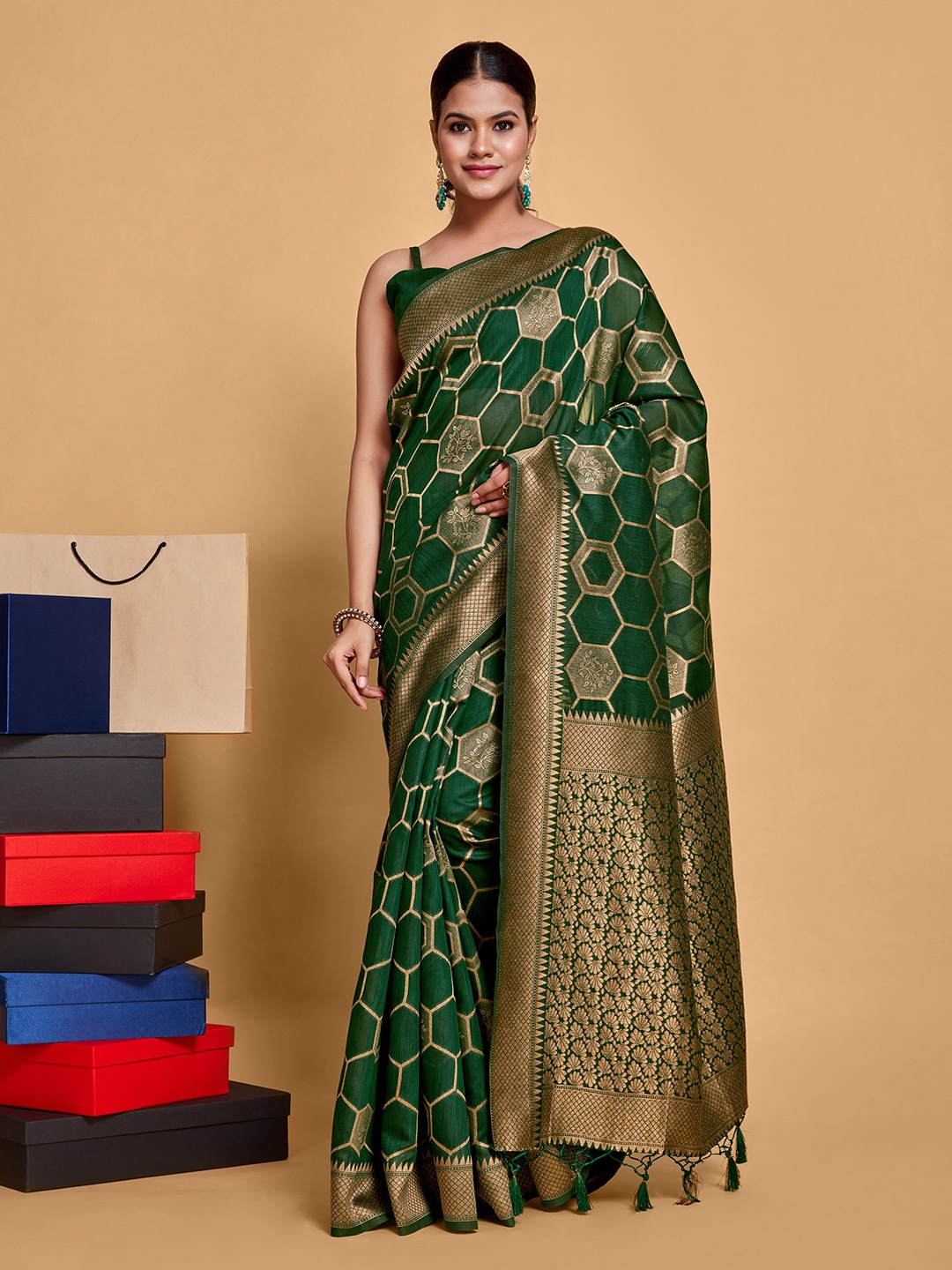 

MIMOSA Ethnic Motifs Woven Design Zari Banarasi Saree, Green