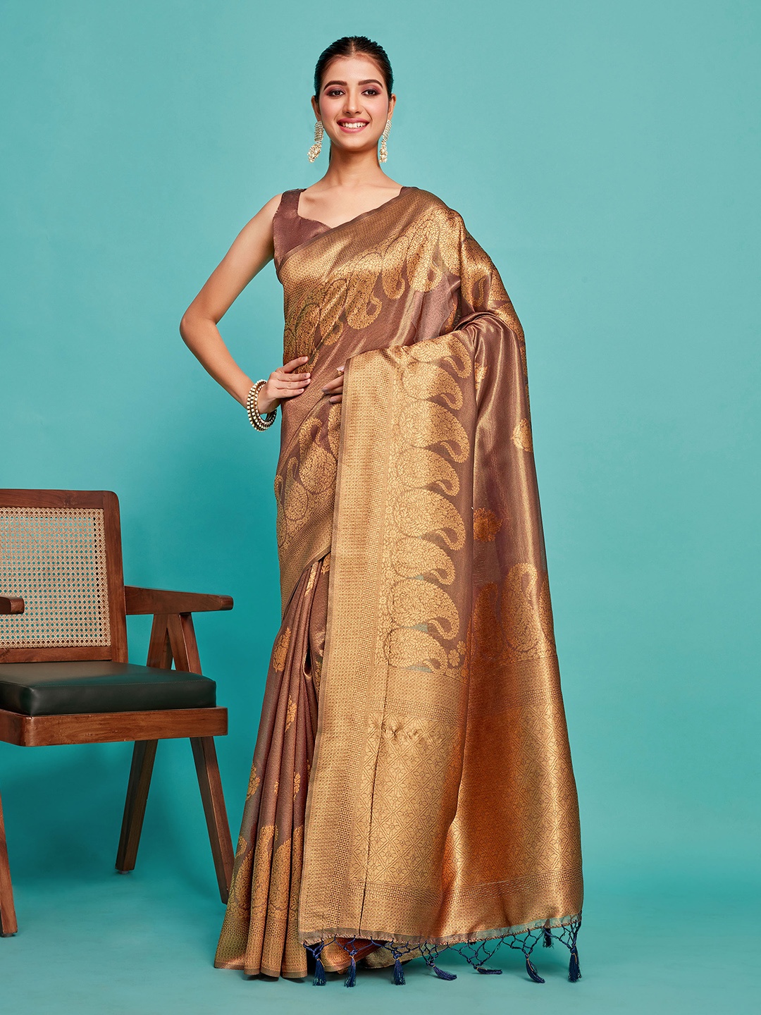 

MIMOSA Ethnic Motifs Woven Design Zari Detailed Banarasi Saree, Brown