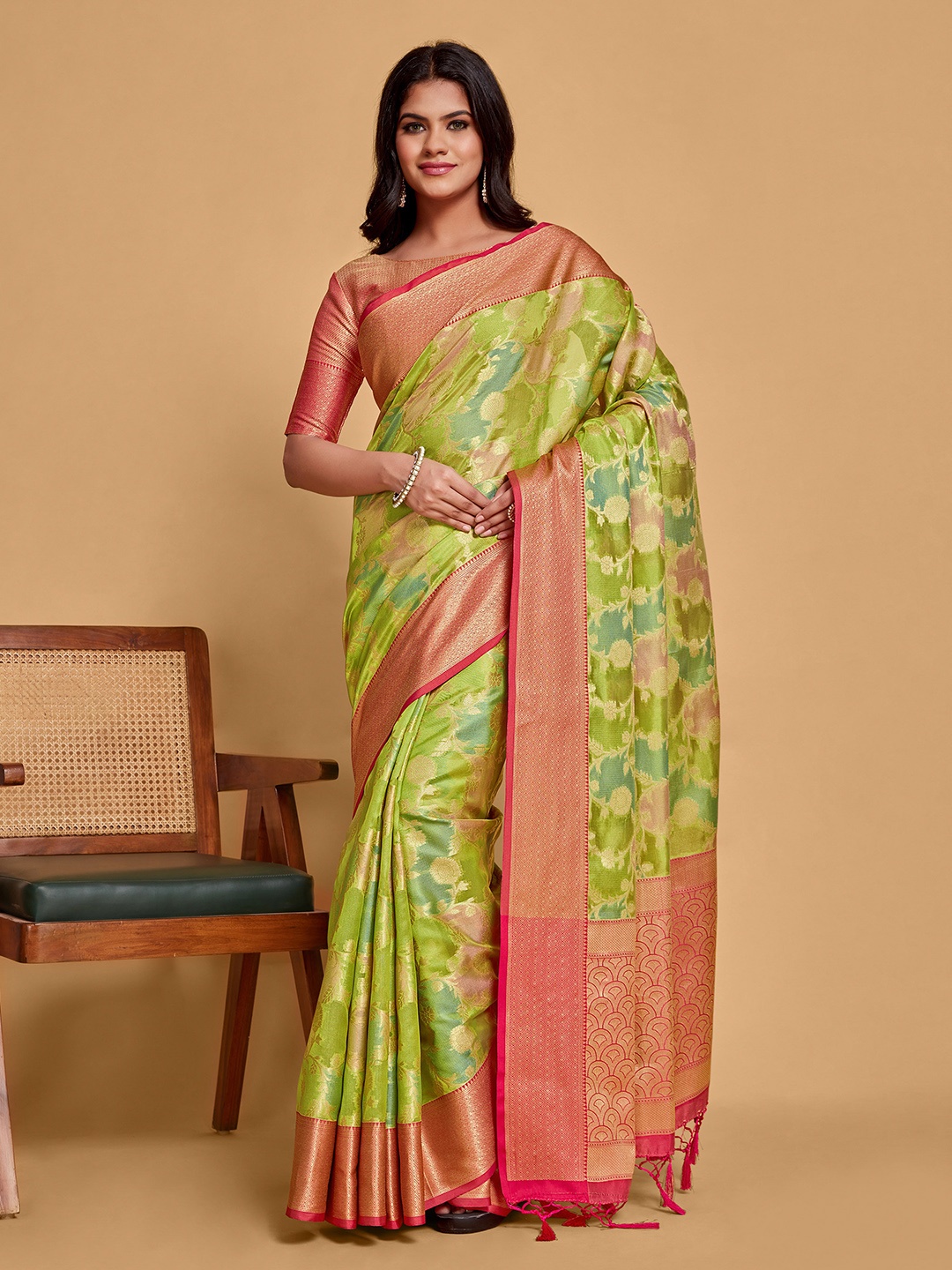 

MIMOSA Floral Woven Design Zari Saree, Green