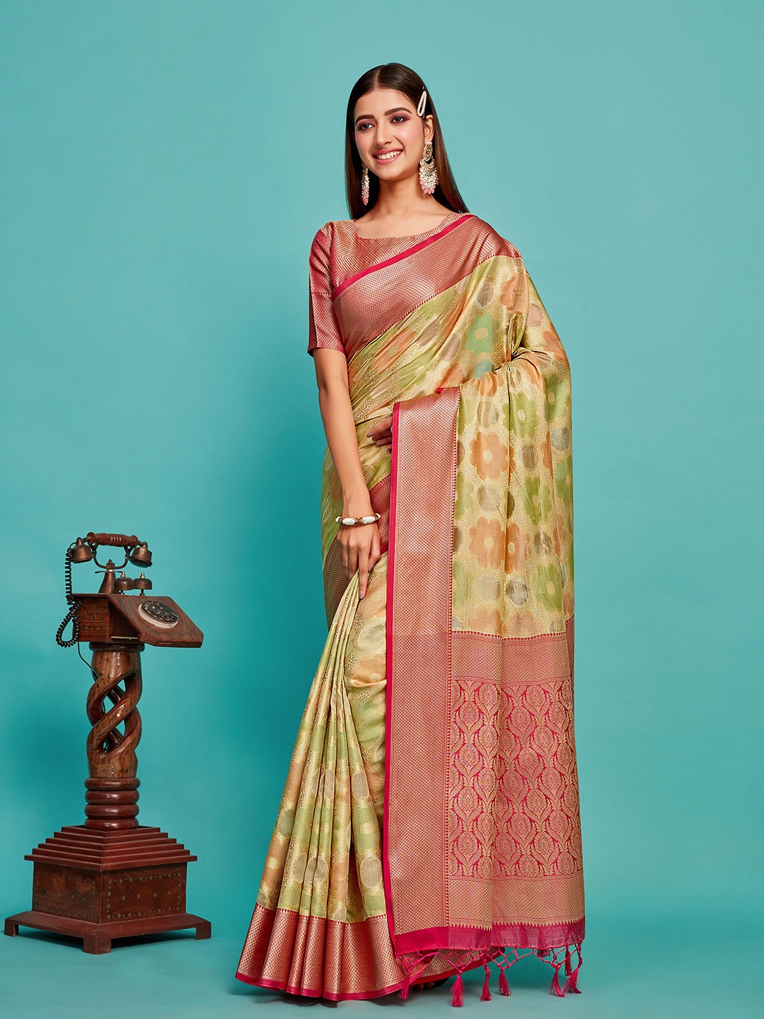 

MIMOSA Floral Woven Design Zari Banarasi Saree, Green
