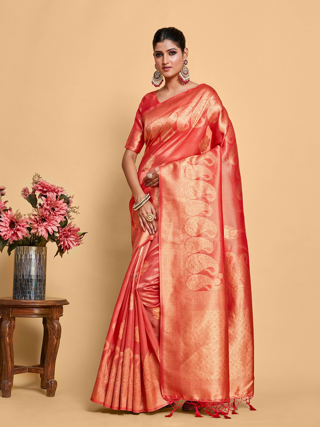 

MIMOSA Ethnic Motifs Woven Design Zari Banarasi Saree, Red