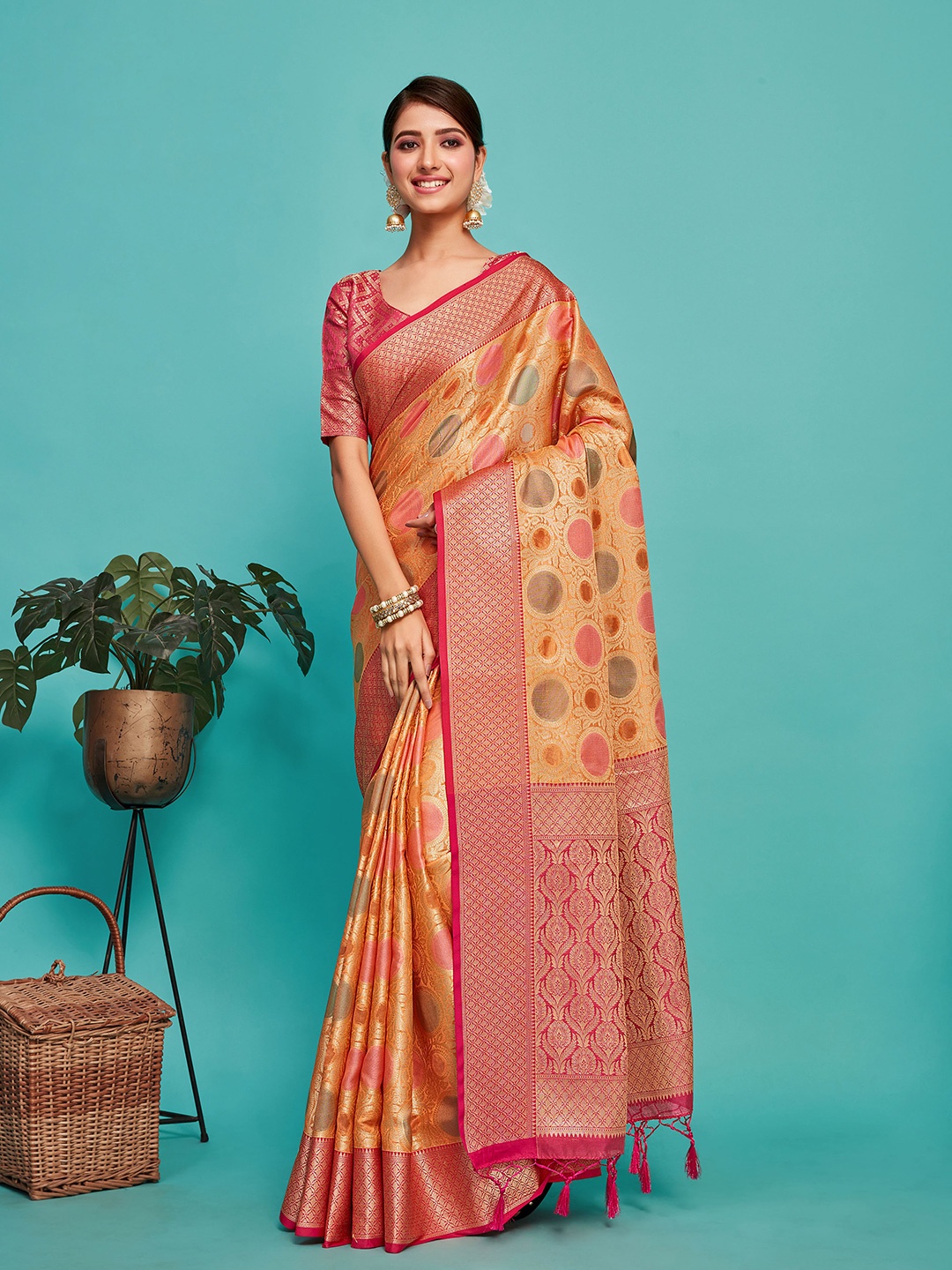 

MIMOSA Geometric Woven Design Zari Banarasi Saree, Orange