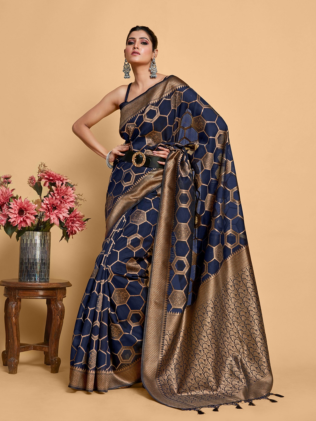 

MIMOSA Geometric Woven Design Zari Banarasi Saree, Blue