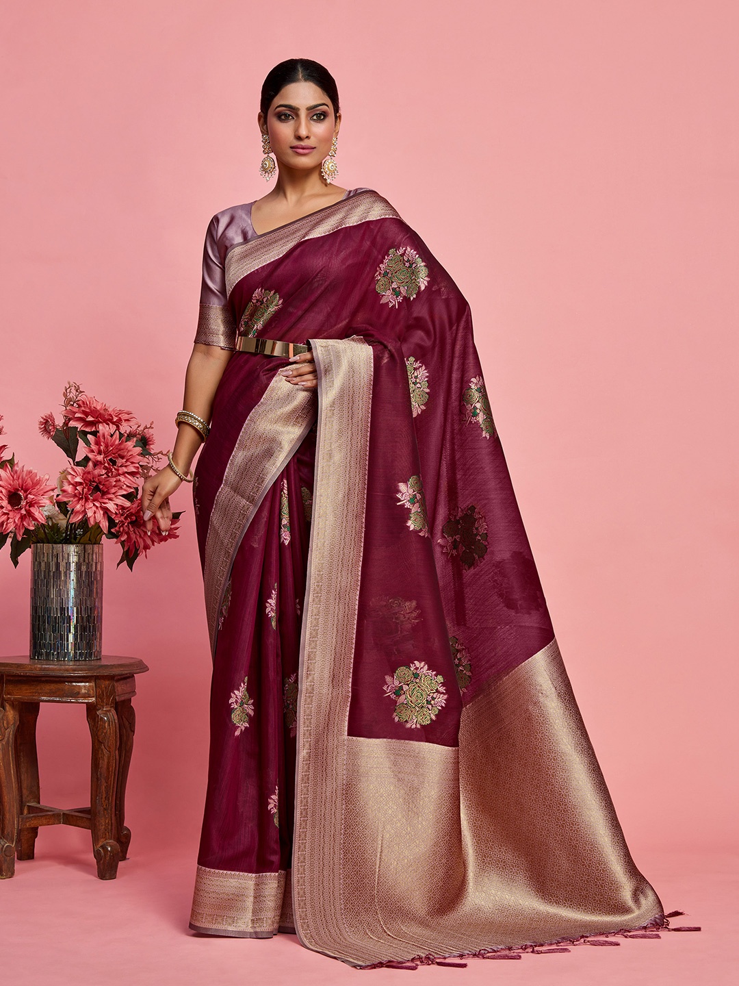 

MIMOSA Ethnic Motifs Woven Design Zari Kanjeevaram Saree, Maroon