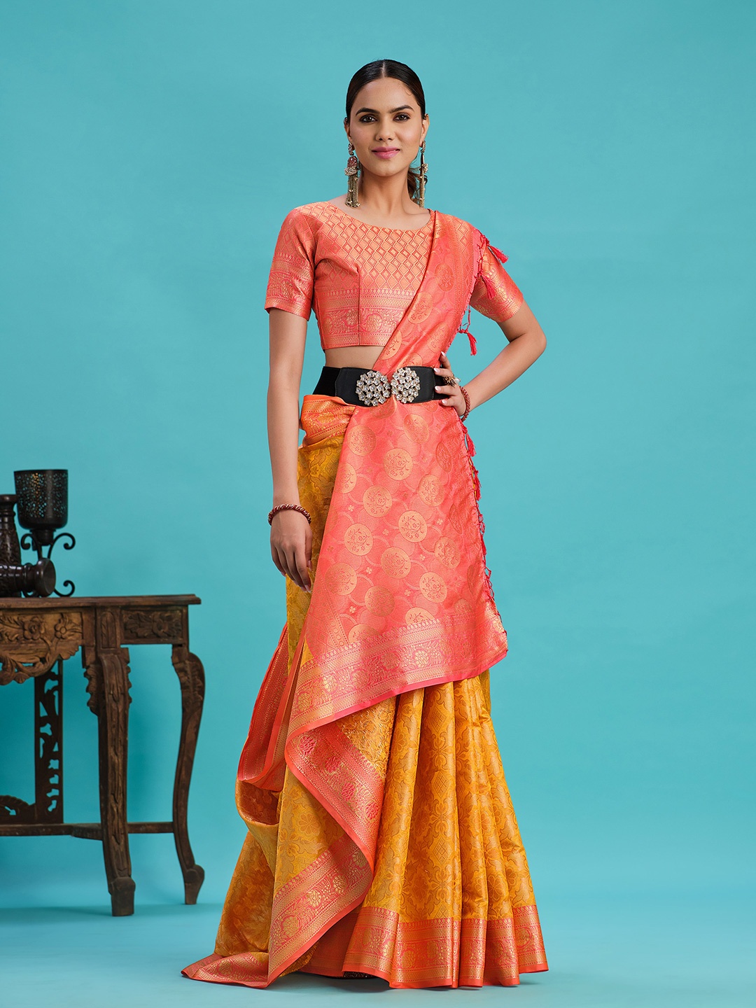 

MIMOSA Floral Woven Design Zari Kanjeevaram Saree, Gold