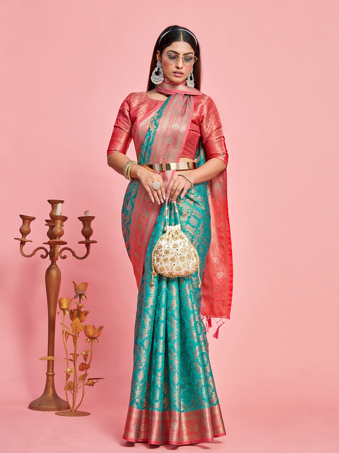 

MIMOSA Floral Woven Design Zari Kanjeevaram Saree, Turquoise blue