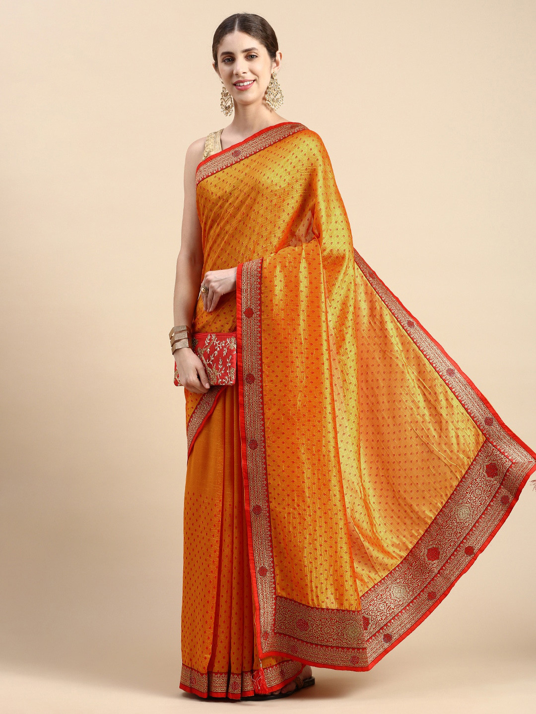 

Mitera Yellow & Red Ethnic Motifs Woven Design Zari Pure Silk Banarasi Saree