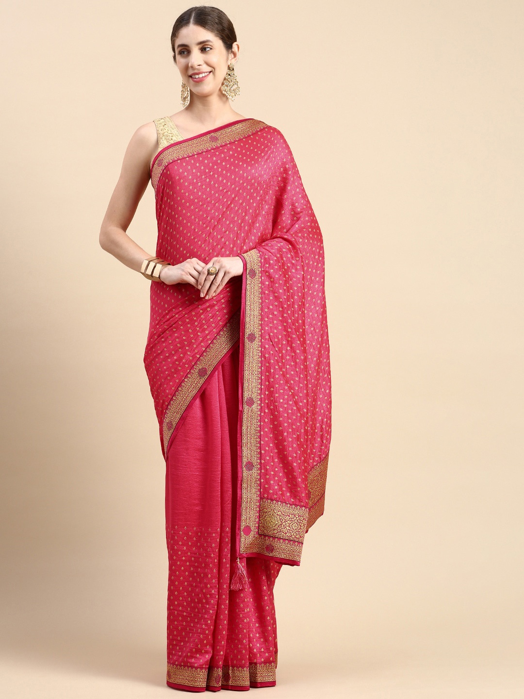 

Mitera Pink & Gold-Toned Ethnic Motifs Printed Zari Pure Silk Banarasi Saree