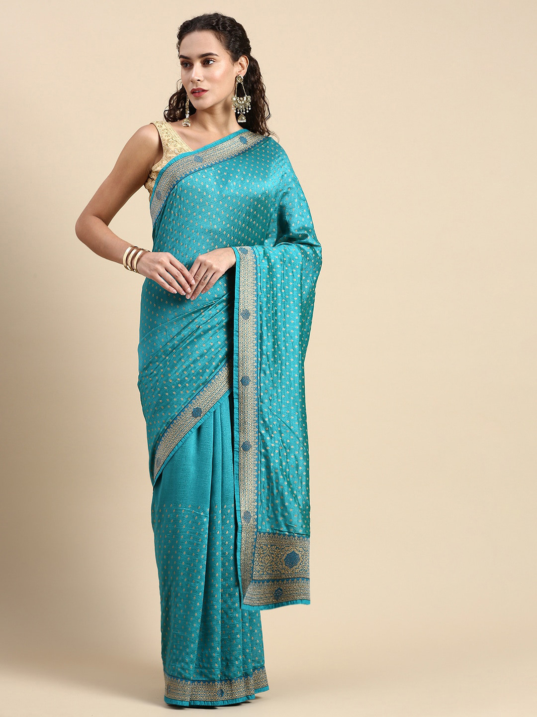 

Mitera Ethnic Motifs Printed Zari Pure Silk Banarasi Saree, Turquoise blue