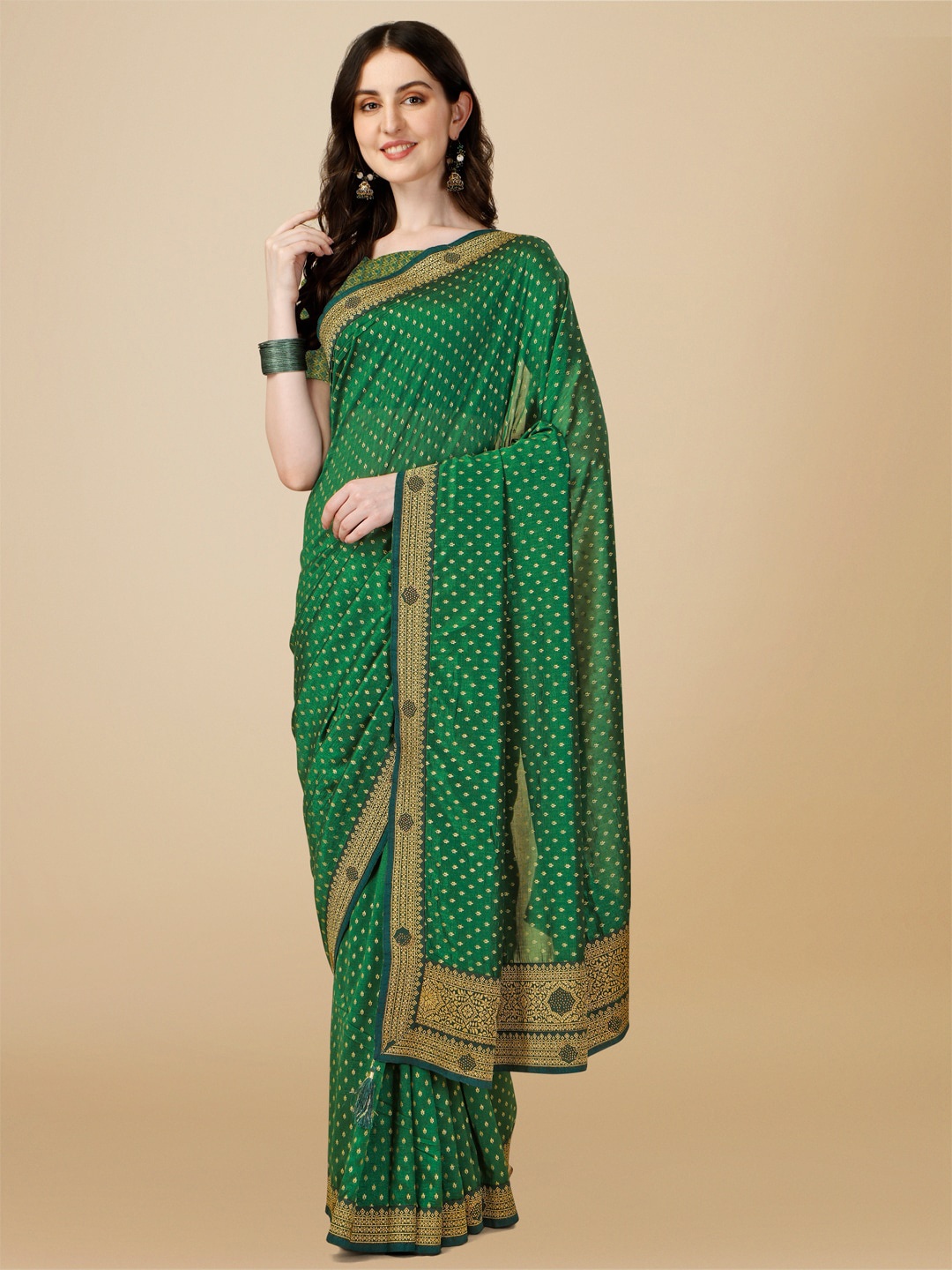 

Mitera Ethnic Printed Zari Pure Silk Banarasi Saree, Green