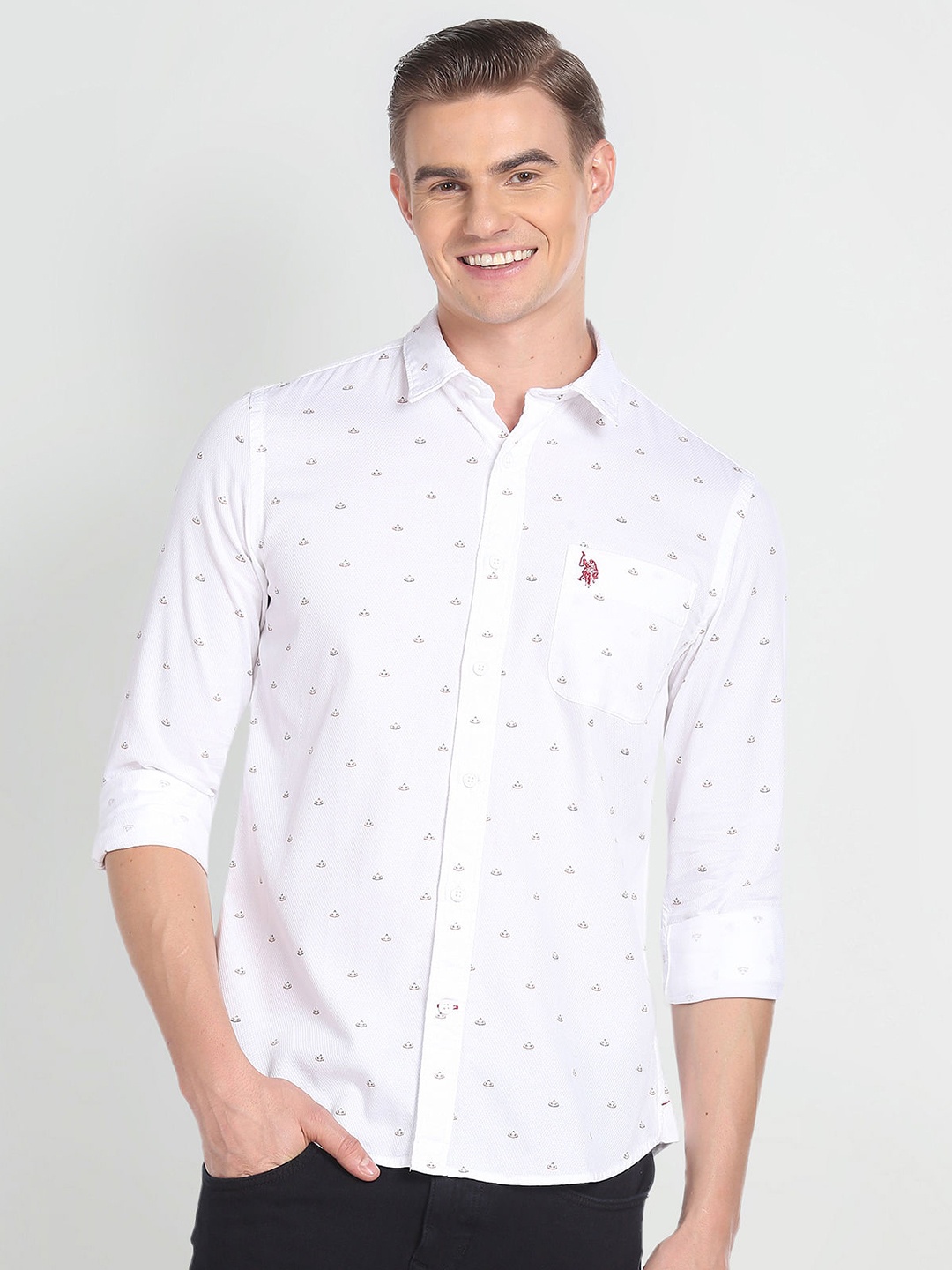 

U.S. Polo Assn. Denim Co. Slim Fit Geometric Printed Spread Collar Chest Pocket Shirt, White