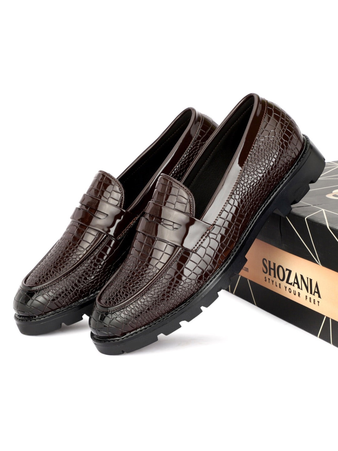 

SHOZANIA Men Textured Leather Formal Loafers, Brown