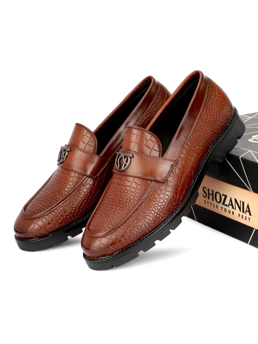 

SHOZANIA Men Textured Leather Formal Loafers, Tan