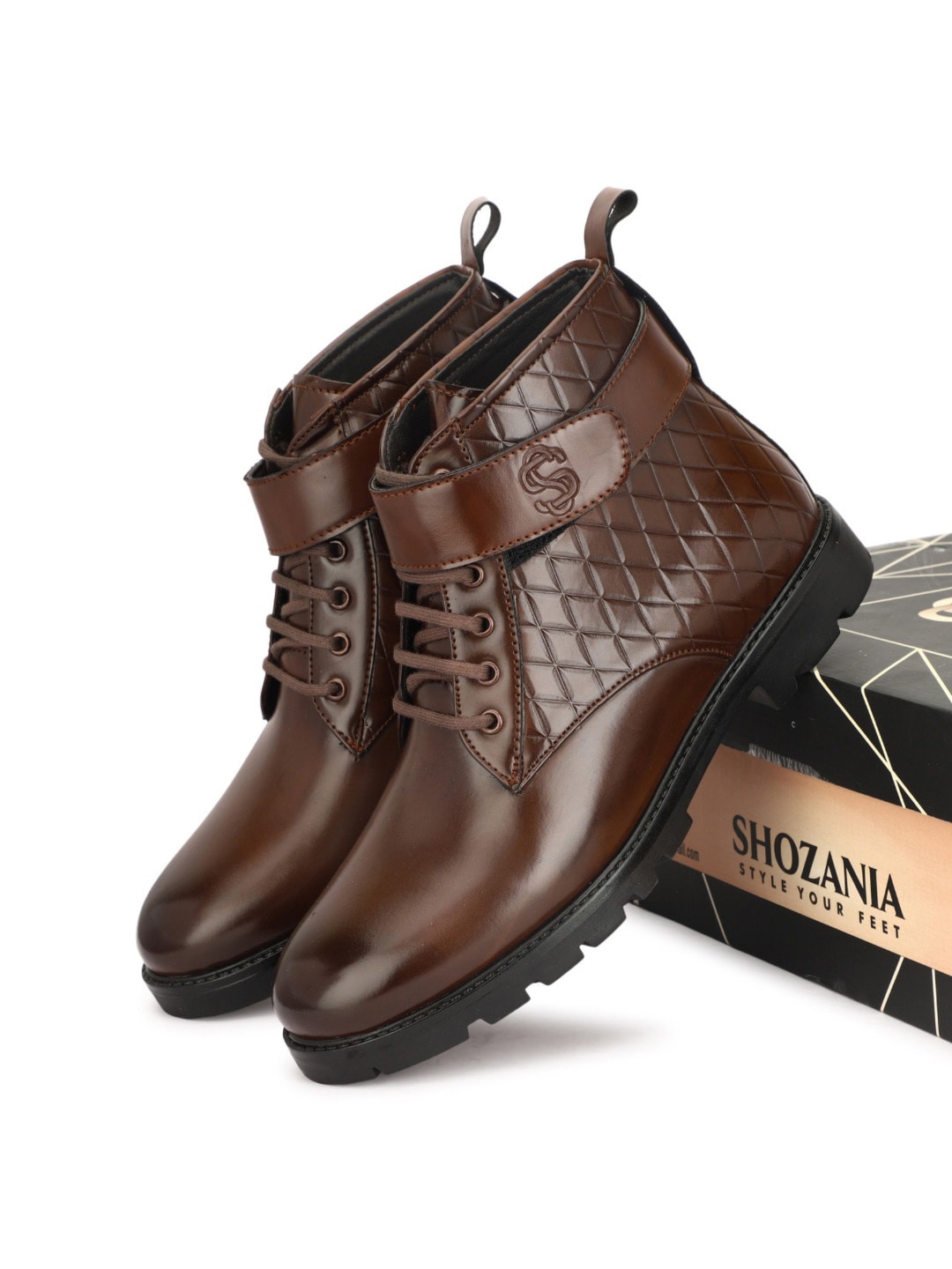 

SHOZANIA Men Textured Mid Top Leather Regular Boots, Brown