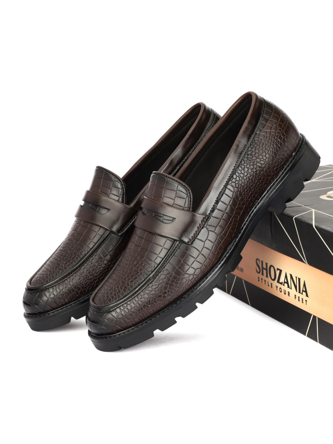 

SHOZANIA Men Textured Leather Formal Loafers, Brown