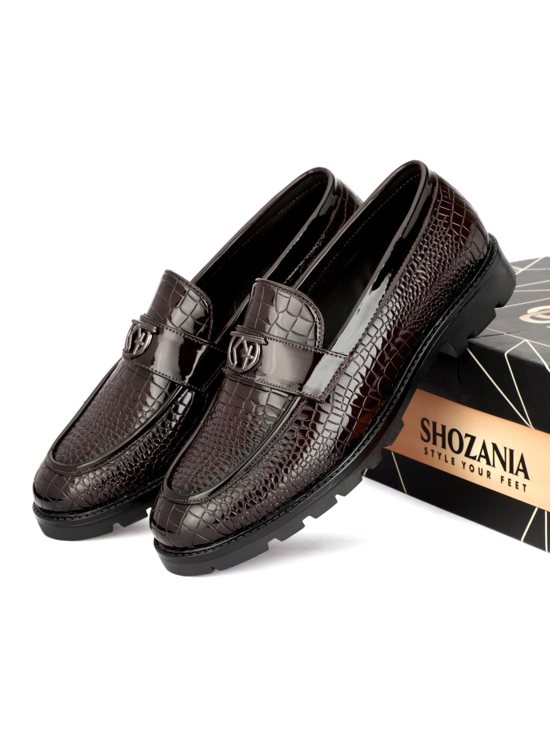 

SHOZANIA Men Textured Leather Formal Loafers, Brown