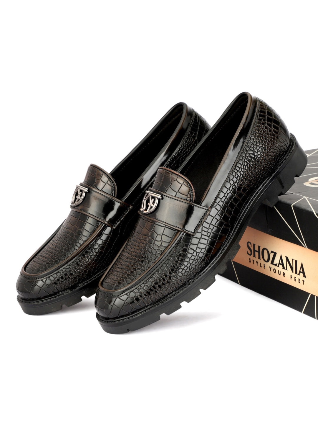 

SHOZANIA Men Textured Leather Formal Loafers, Brown