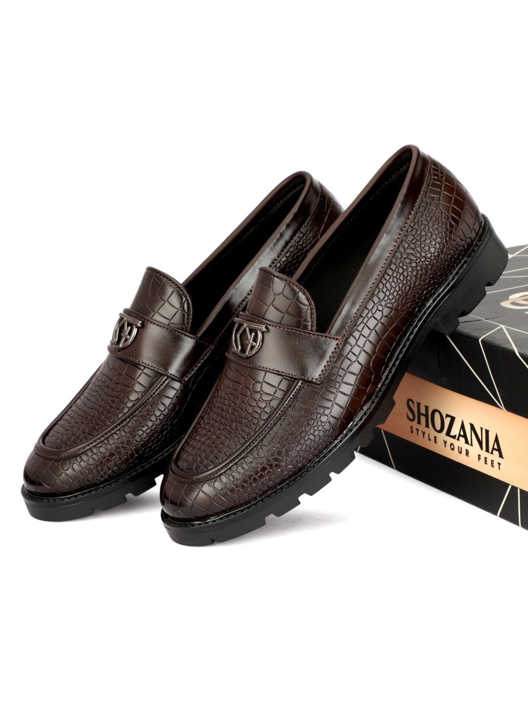 

SHOZANIA Men Textured Leather Formal Loafers, Brown