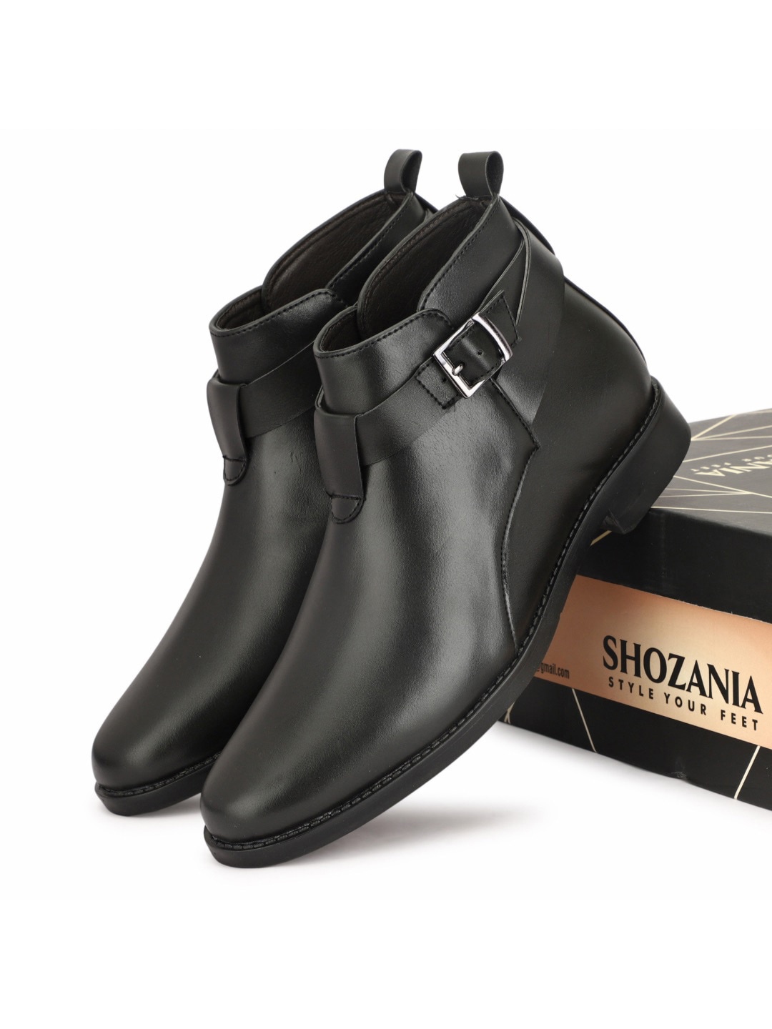 

SHOZANIA Men Side Buckle Leather Regular Boots, Black