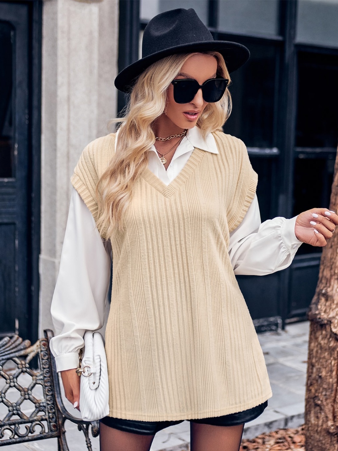 

StyleCast Striped V-Neck Longline Sweater Vest, Cream