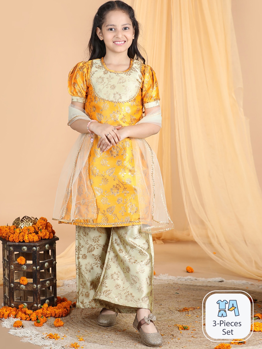 

Cutiekins Girls Floral Woven Design Gotta Patti Kurta with Palazzos & Dupatta, Mustard